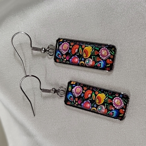 Polish Folk Art Cabochon Style Drop Earrings - Picture 4 of 6